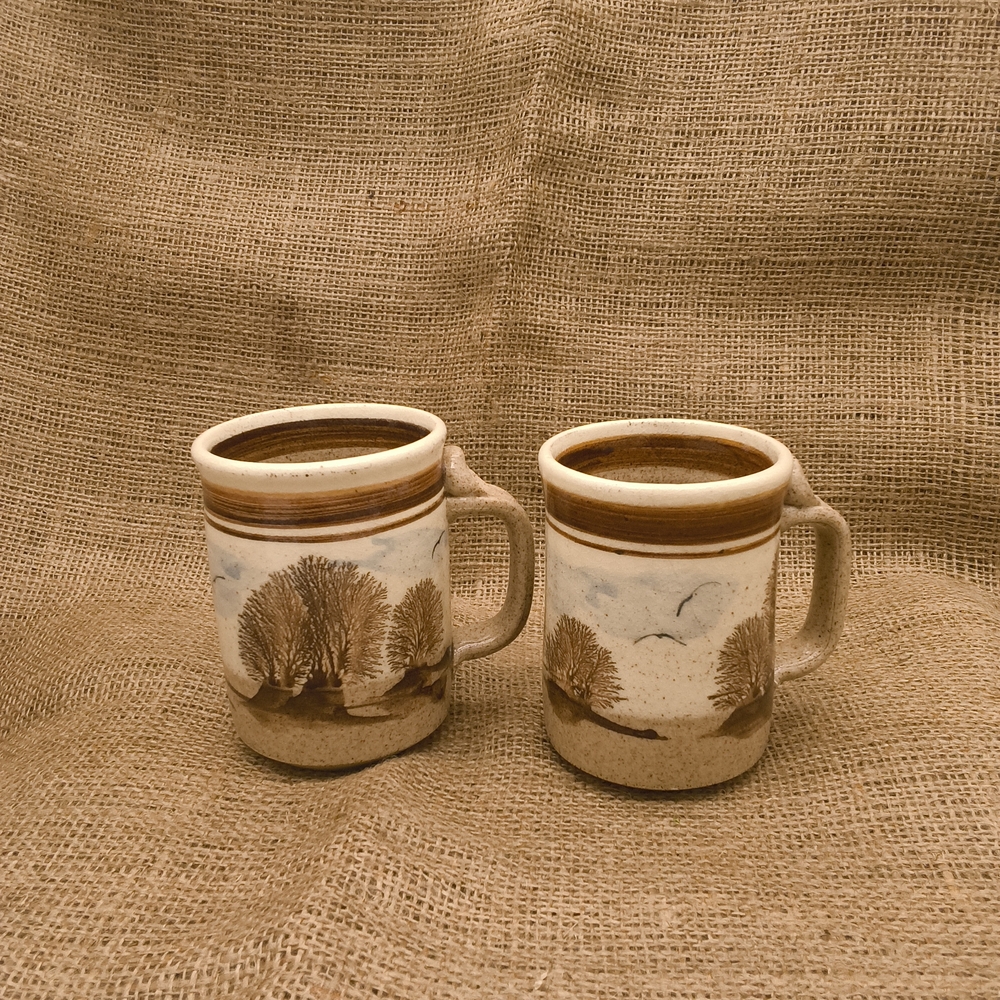 Vintage Studio Pottery Nature Landscape Mugs - Set of 2 -